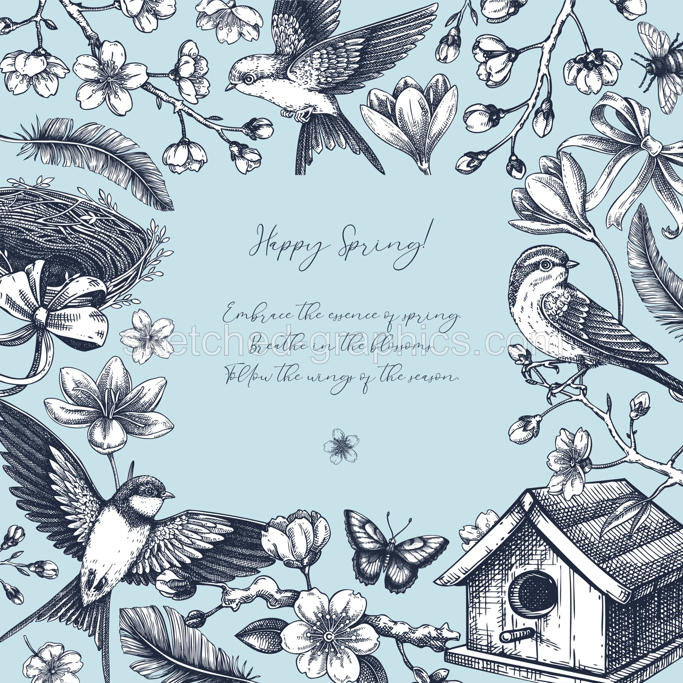Spring background vintage frame. Easter design, greeting card. Hand-drawn flowers, flying birds, blooming cherry vector illustrations. NOT AI generated Illustration